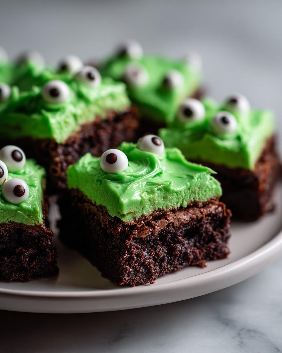 Spooky Gluten-Free Brownie Bites with Green Frosting & Candy Eyeballs - detail 1