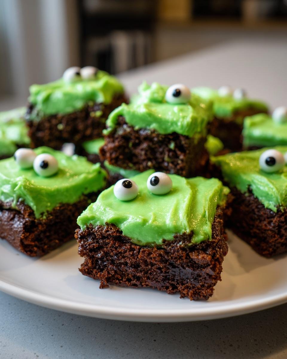 Spooky Gluten-Free Brownie Bites with Green Frosting & Candy Eyeballs - detail 2